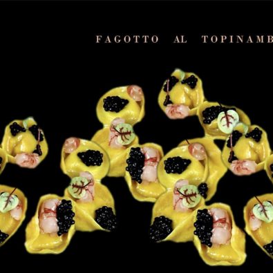 fagotto al topinambur con gambero rosso, scampo e perlage di tartufo